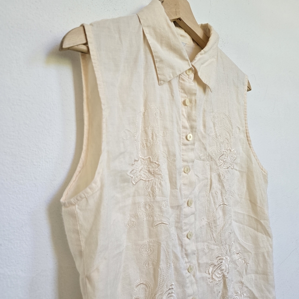 Once & Again 100% Linen Sleeveless Embroidered Button Down Cream Blouse XL - Picture 5 of 15